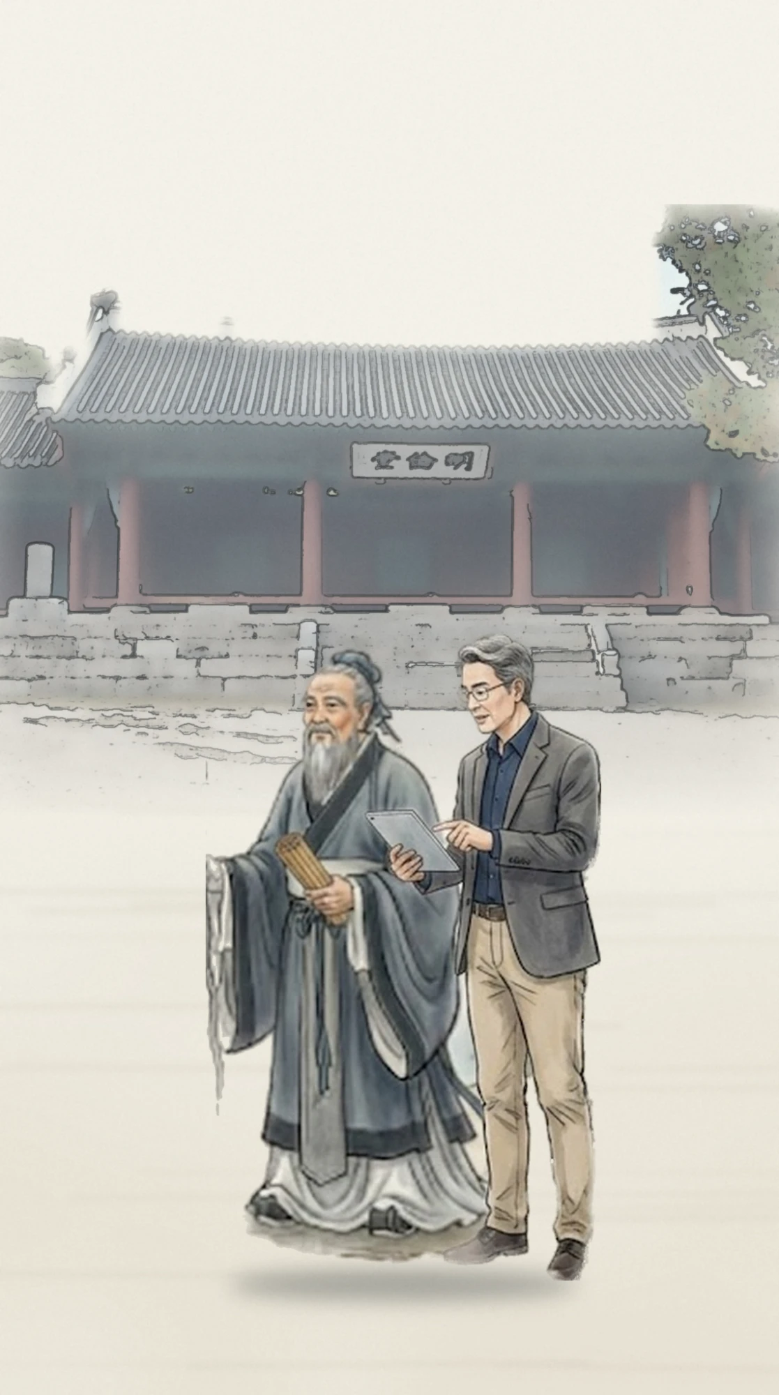 산수화 풍 삽화 — 죽간을 든 공자와 태블릿을 든 현대인이 명륜당 앞을 나란히 걷는다